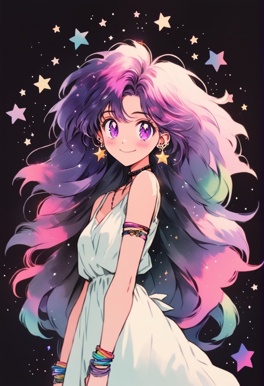 1girl, solo, dress, long hair, multicolored hair, gradient hair, purple hair, smile, black background, star (symbol), blue hair, earrings, fish, simple background, jewelry, braid, pink eyes, looking at viewer, cleavage, choker, breasts, blush, very long hair, white dress, bangs, sleeveless<lora:takawaters:1>