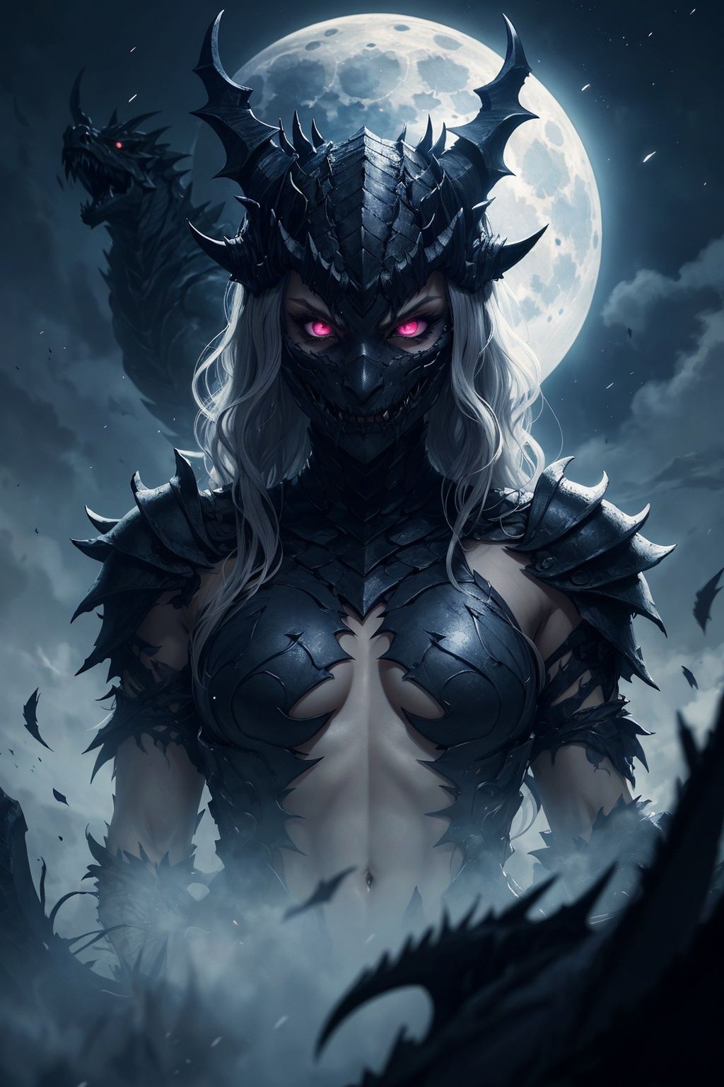 A sultry warrior with white wavy hair,  her hypnotic eyes piercing through the darkness,  her black armor glistening in th...