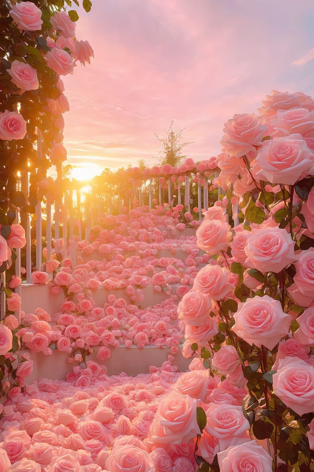 keai, flower, pink flower, pink rose, rose, outdoors, scenery, no humans, sky, tree, sunset, plant, cloud, day，<lora:fengjing:0.8>