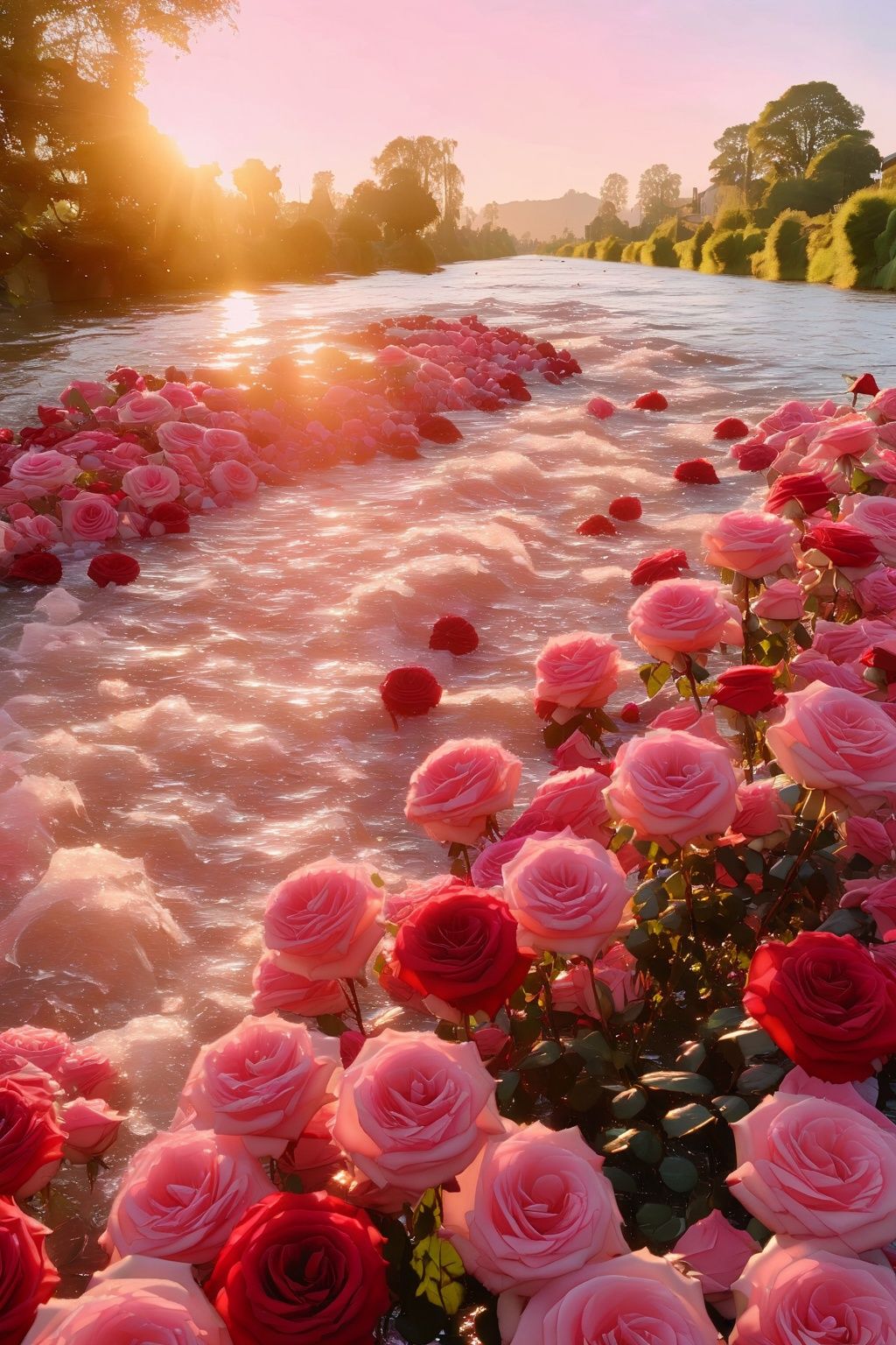 keai, no humans, scenery, flower, outdoors, pink flower, rose, water, pink rose, red flower, tree, sunlight, nature, river, red rose, sky, day, rock，<lora:fengjing:0.8>