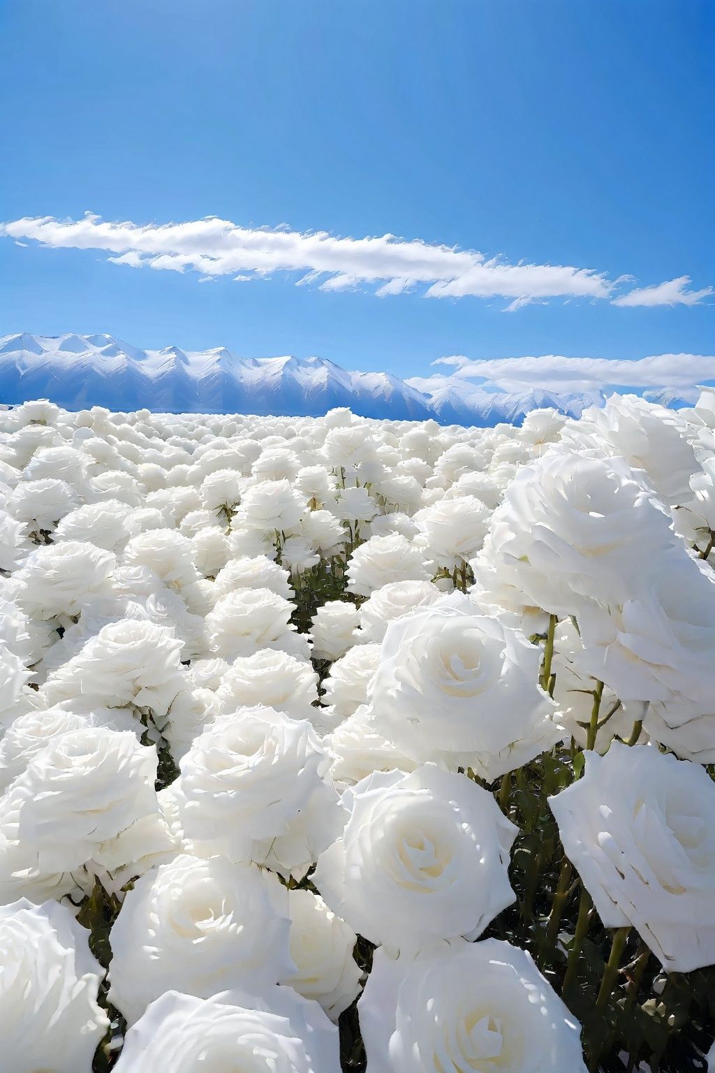 keai, no humans, scenery, sky, flower, cloud, day, outdoors, white flower, mountain, white rose, blue sky, rose, landscape, nature,<lora:fengjing:0.8>