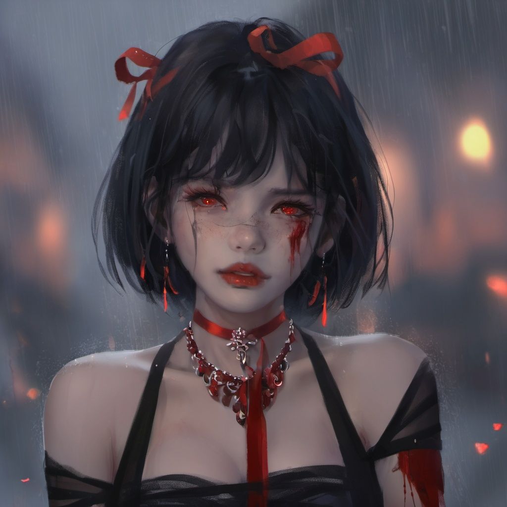 guidao style, 1girl, solo, short hair, rain, looking at viewer, purple ribbon, ribbon choker, black hair, blood, headpiece, ribbon, red eyes, blood on face, portrait, closed mouth, upper body<lora:guidao_XLV1:1>