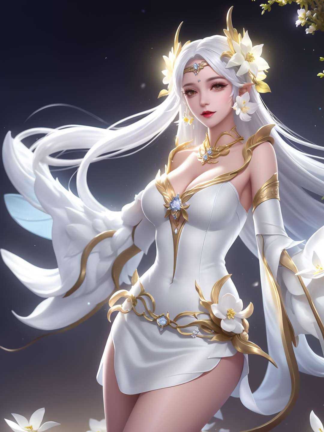 WZRYdiaochanJSZXY,mature female, looking at viewer, cityscape, night, 1girl,white dress,jewelry, detached sleeves,standing, flower, forehead jewel, cowboy shot, hair ornament, hair rings,  <lora:WZRYdiaochanJSZXY_20230808184907:0.75>,