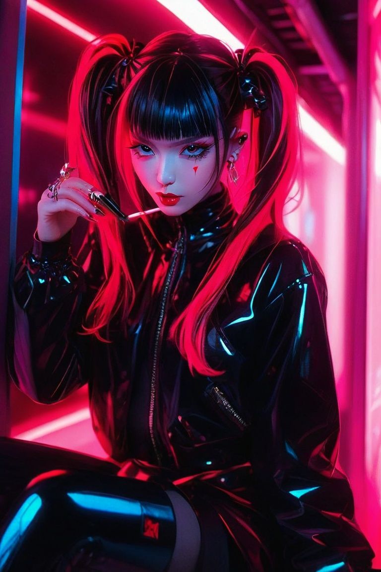(High Qaulity:1.1),(highly detailed:1.3),female wearing edgFut_clothing,cyberpunk scene,neons, (Abaddon Black,Red color background:1.3),8K<lora:CyberpunkFantasyXL-V10:1>