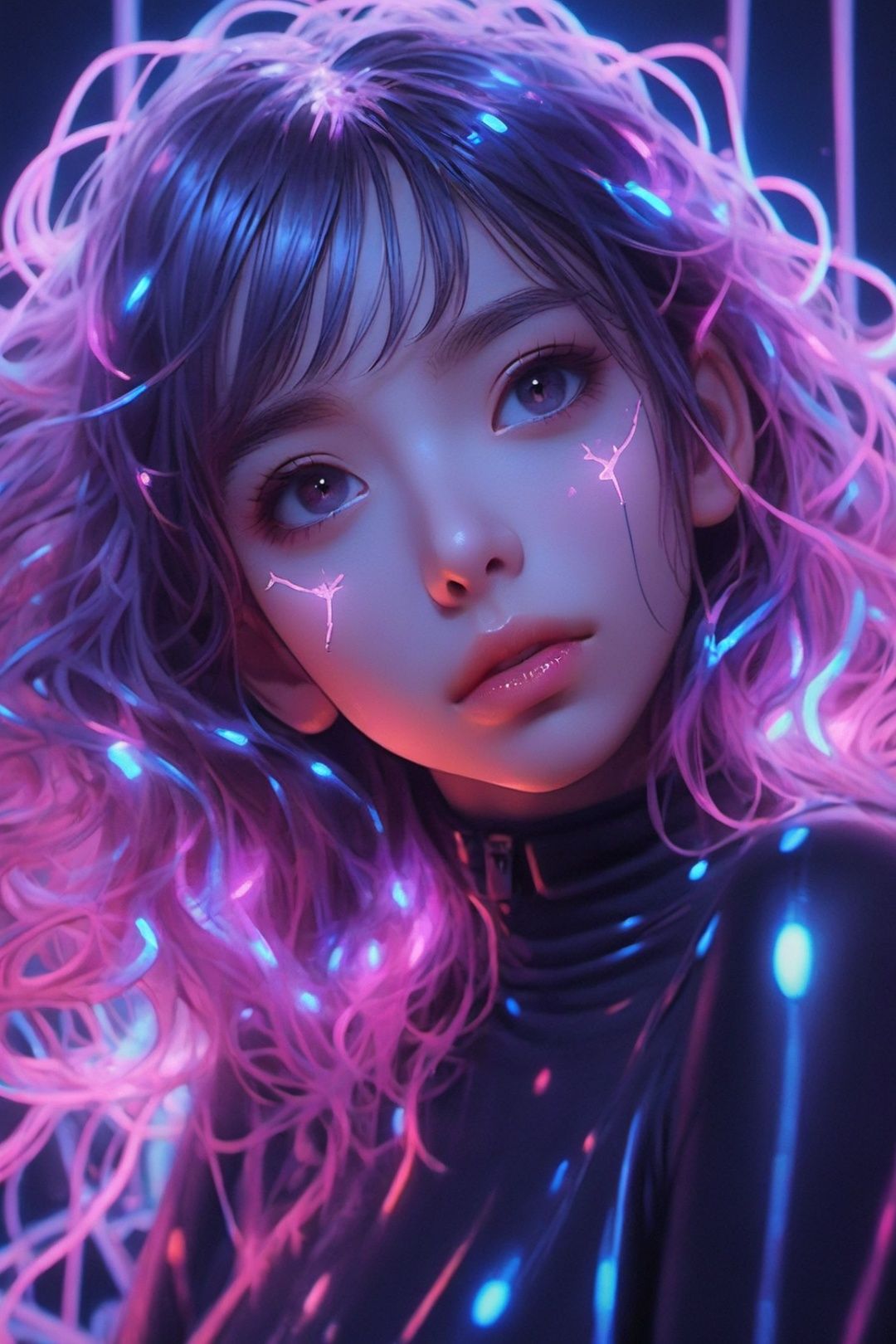 RAW analog shot of a 1girl floating in a multi-colored liquid neural network organism, more details, hyper detailed, trending on artstation, studio photo, intricate details, sharp, accurate, very detailed, ultra focus on visage, depht of field, perfect lightning and composition