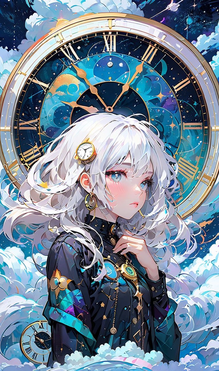 A girl with white hair, floating in the universe, with a clock in front of her in a visionary and unconventional style. She edited detailed illustrations of the sky, deep cyan and gold, swirls, flat perspectives, and contemplative stillness, depicting the universe, colorful coatings, and the visual impact of fantasy in an ethereal realm