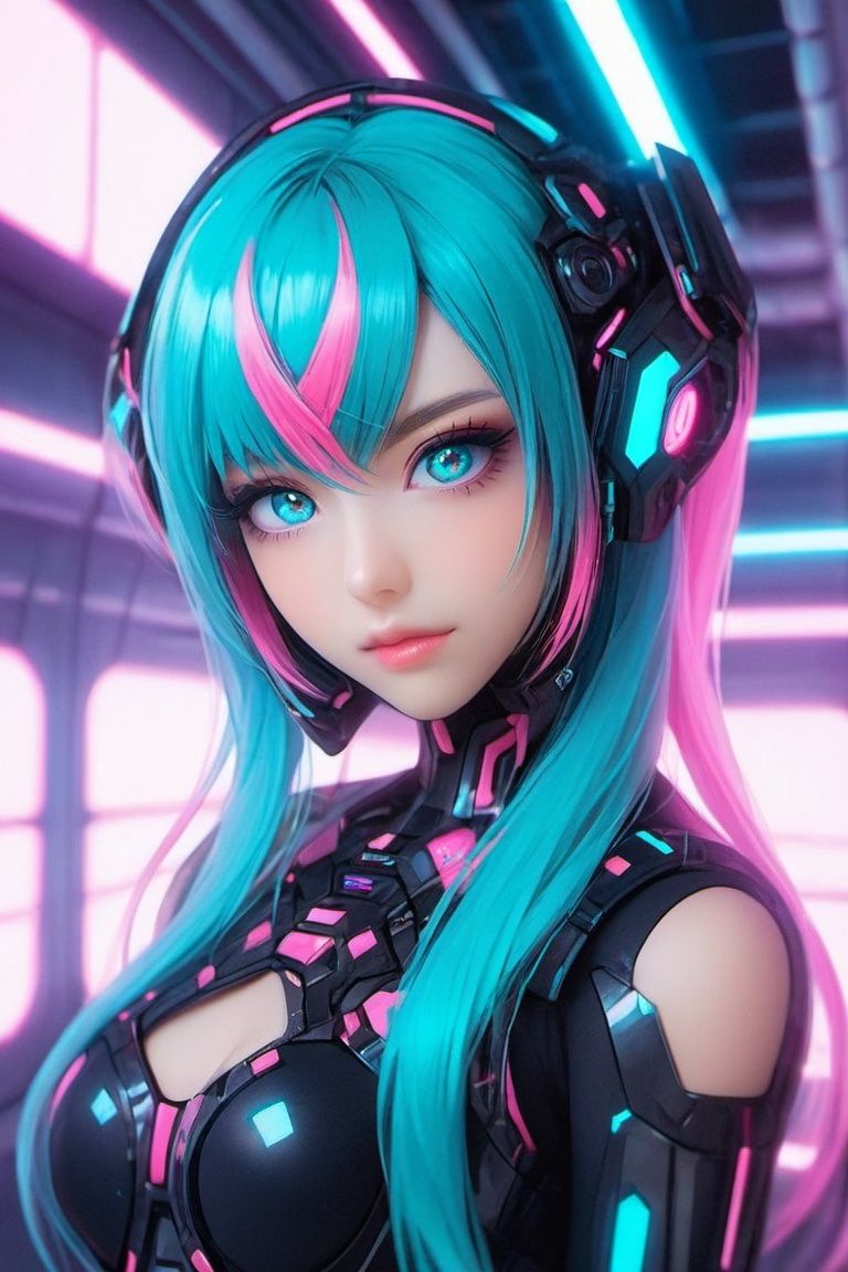 cgmech, beautiful eyes, upper body, underboob, portrait, robot, armor, Hatsune Miku, neon light, 8K, RAW, best quality, masterpiece, ultra high res, colorful, (medium wide shot), (dynamic perspective), sharp focus , (depth of field, bokeh:1.3), extremely detailed eyes and face, beautiful detailed eyes,large breasts,(black gold, trimmed gear:1.2),(In a futuristic weapons factory:1.2), ((masterpiece, best quality)),  Detailed background, spaceship interior 
