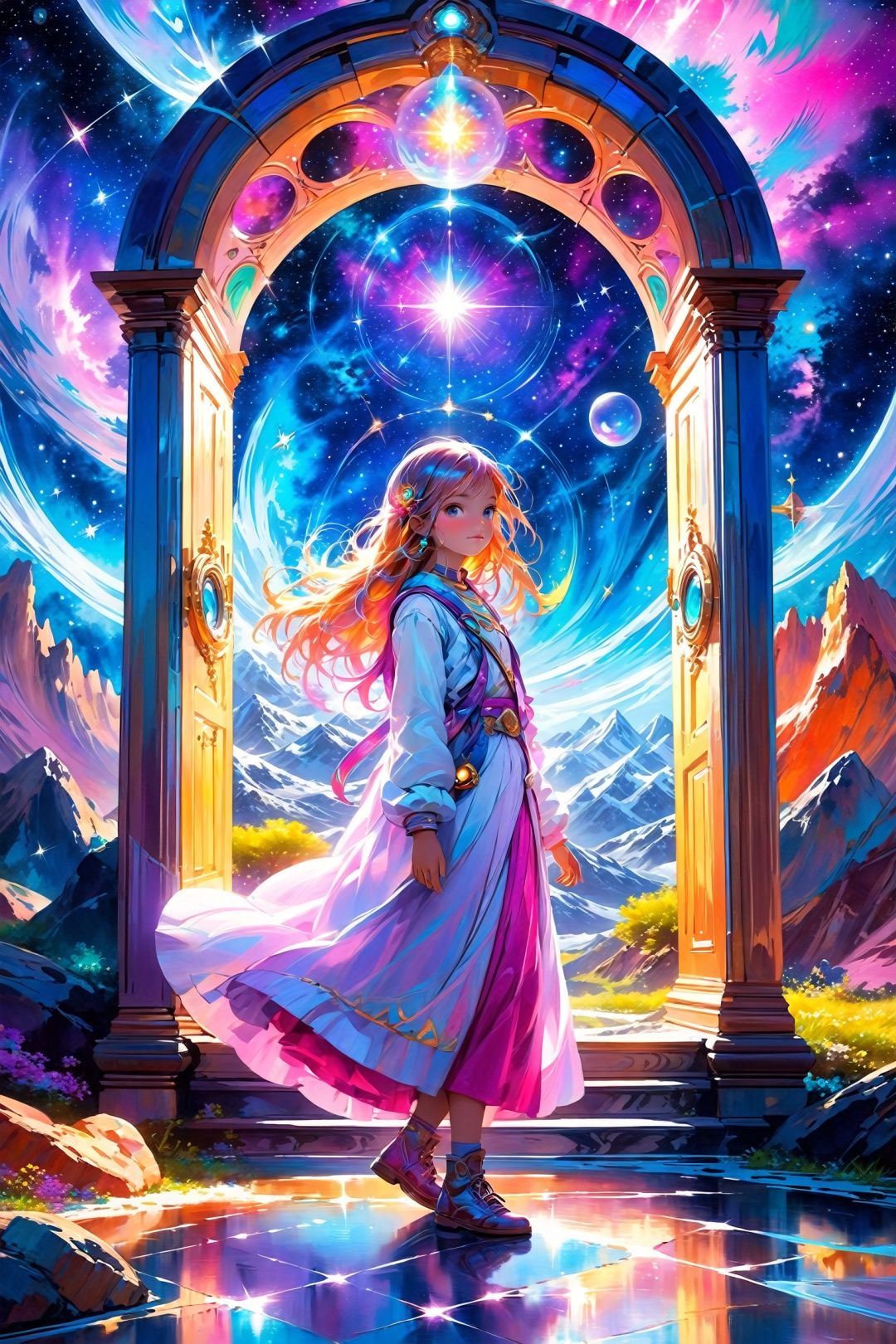 1girl Astral traveler exploring other dimensions through a shimmering portal , masterpiece, vibrant colors