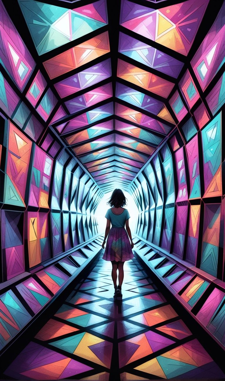 a light tunnel with many different colors lit in the dark, Kaleidoscope tunnel
,A girl in a dress stood in the middle of the tunnel, Reflection, in the style of light purple and aquamarine, multi-layered geometry,intertwining materials, robby cavanaugh, ricoh grili, dan mumford,blink and you miss it detail