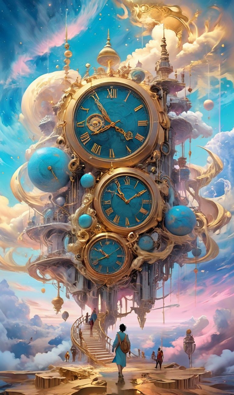 a clock with two people walking in front ofit,inthe style of visionary otherworldly, editorial illustrationsdetailed skies, dark cyan and gold, swirling vortexes,flattened perspective, pensive stillness,epicting the visually impactful etherea realm of theuniverse, 