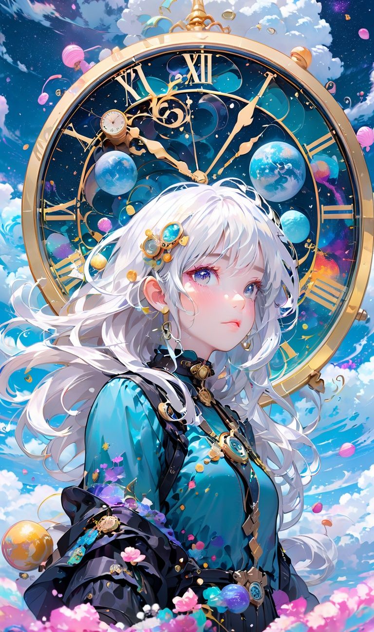 A girl with white hair, floating in the universe, in a weightless state, with a clock in front of her in a visionary and extraordinary style. She edited detailed illustrations of the sky, dark cyan and gold, swirls, flat perspectives, and contemplative stillness, depicting the universe, colorful coatings, and the visual impact of fantasy in an ethereal realm,candy-coated