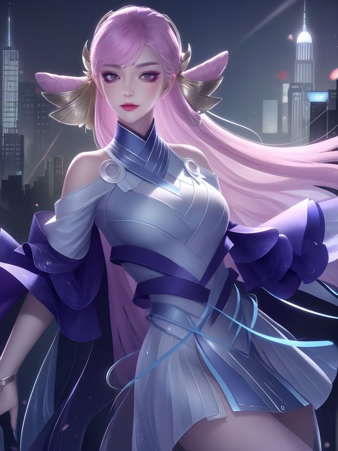 <lora:WZRYdiaochanMYHW_20230808204106:0.8>,WZRYdiaochanMYHW,1girl, mature female, looking at viewer, cityscape, night, hair ornament,dress, makeup,eyeshadow,hair ribbon, bangs, shiny, 