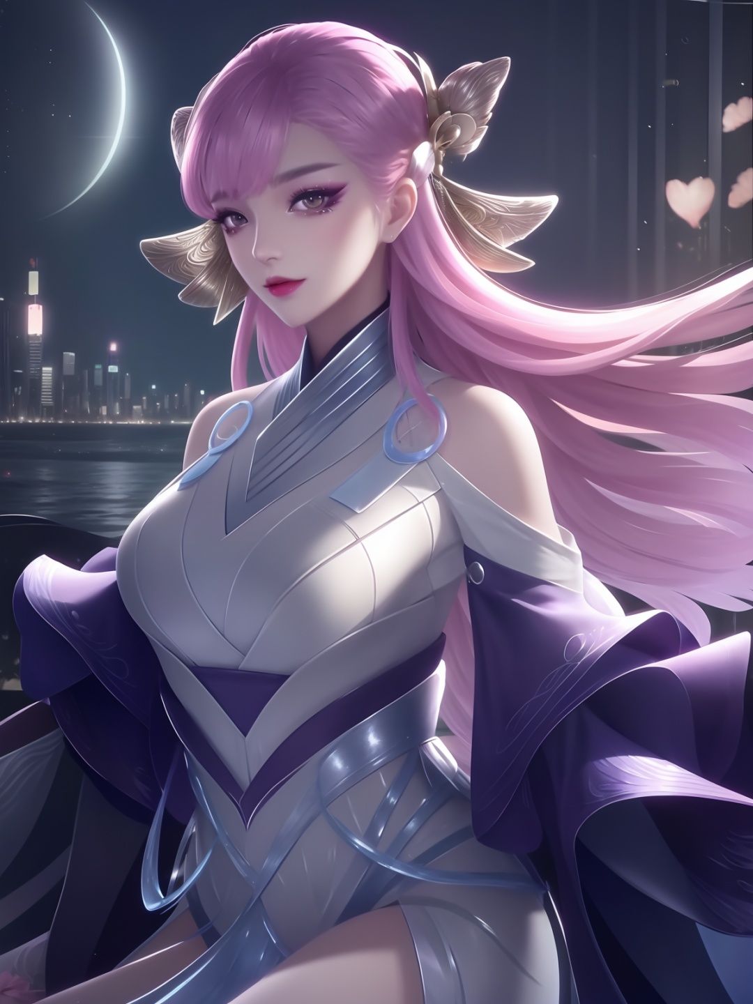 <lora:WZRYdiaochanMYHW_20230808204106:0.8>,WZRYdiaochanMYHW,1girl, mature female, looking at viewer, cityscape, night, hair ornament,dress, makeup,eyeshadow,hair ribbon, bangs, shiny, 