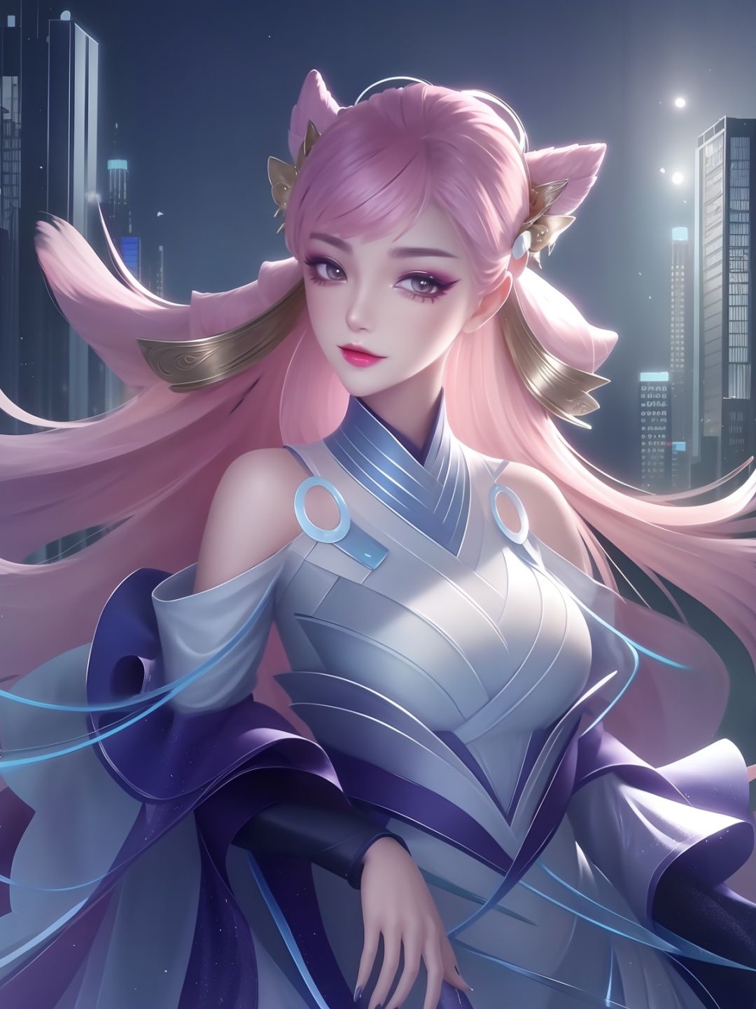 <lora:WZRYdiaochanMYHW_20230808204106:0.8>,WZRYdiaochanMYHW,1girl, mature female, looking at viewer, cityscape, night, hair ornament,dress, makeup,eyeshadow,hair ribbon, bangs, shiny, 