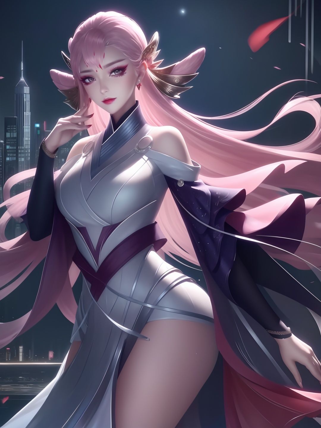 <lora:WZRYdiaochanMYHW_20230808204106:0.75>,WZRYdiaochanMYHW,1girl, mature female, looking at viewer, cityscape, night, hair ornament, dress, makeup,red eyeshadow,hair between eyes, 