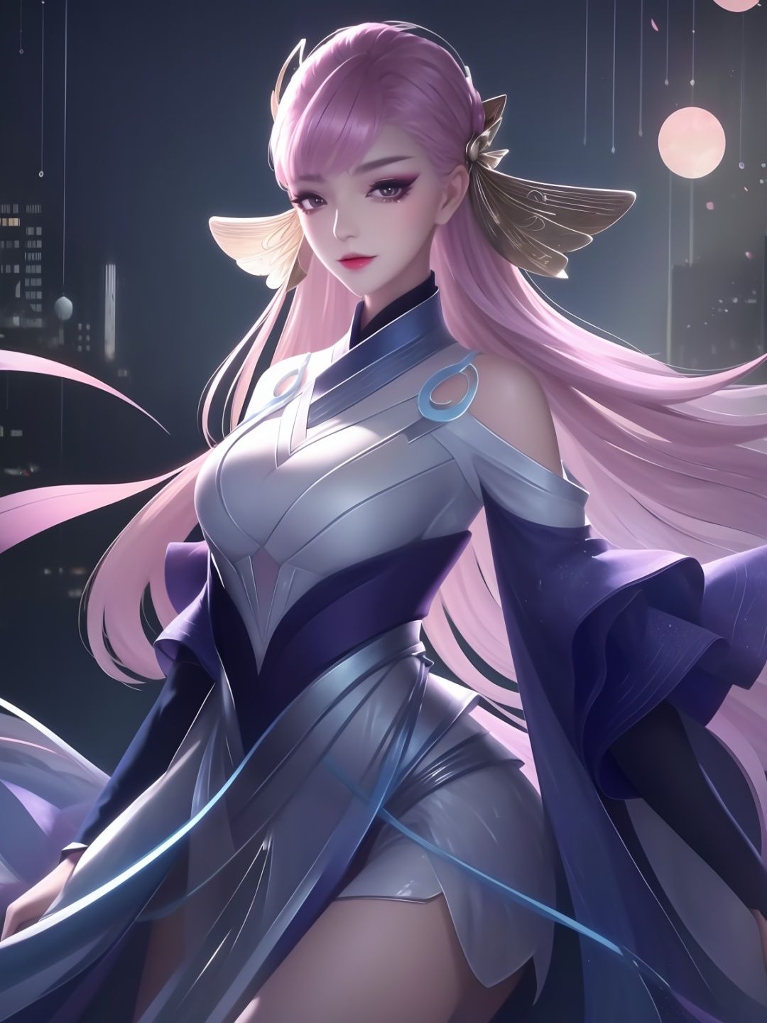 <lora:WZRYdiaochanMYHW_20230808204106:0.8>,WZRYdiaochanMYHW,1girl, mature female, looking at viewer, cityscape, night, hair ornament,dress, makeup,eyeshadow,hair ribbon, bangs, shiny, 