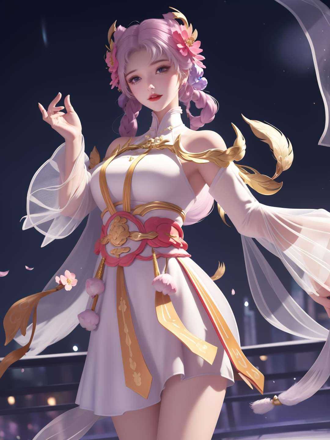<lora:WZRYchangeJSS_20230808145946:0.75>,WZRYchangeJSS,1girl,cityscape,night,looking at viewer,mature female,hair ornament, see-through sleeves, armor,sash,cowboy shot, feathers, double bun, flower,