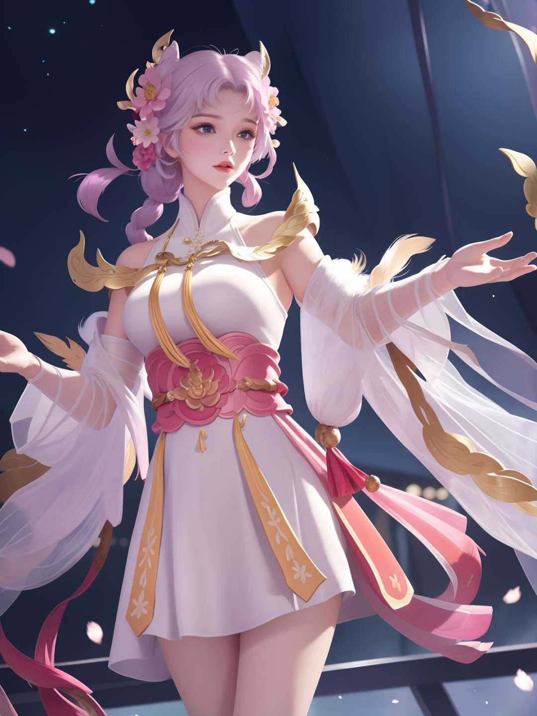 <lora:WZRYchangeJSS_20230808145946:0.75>,WZRYchangeJSS,1girl,cityscape,night,looking at viewer,mature female,hair ornament, see-through sleeves, armor,sash,cowboy shot, feathers, double bun, flower,