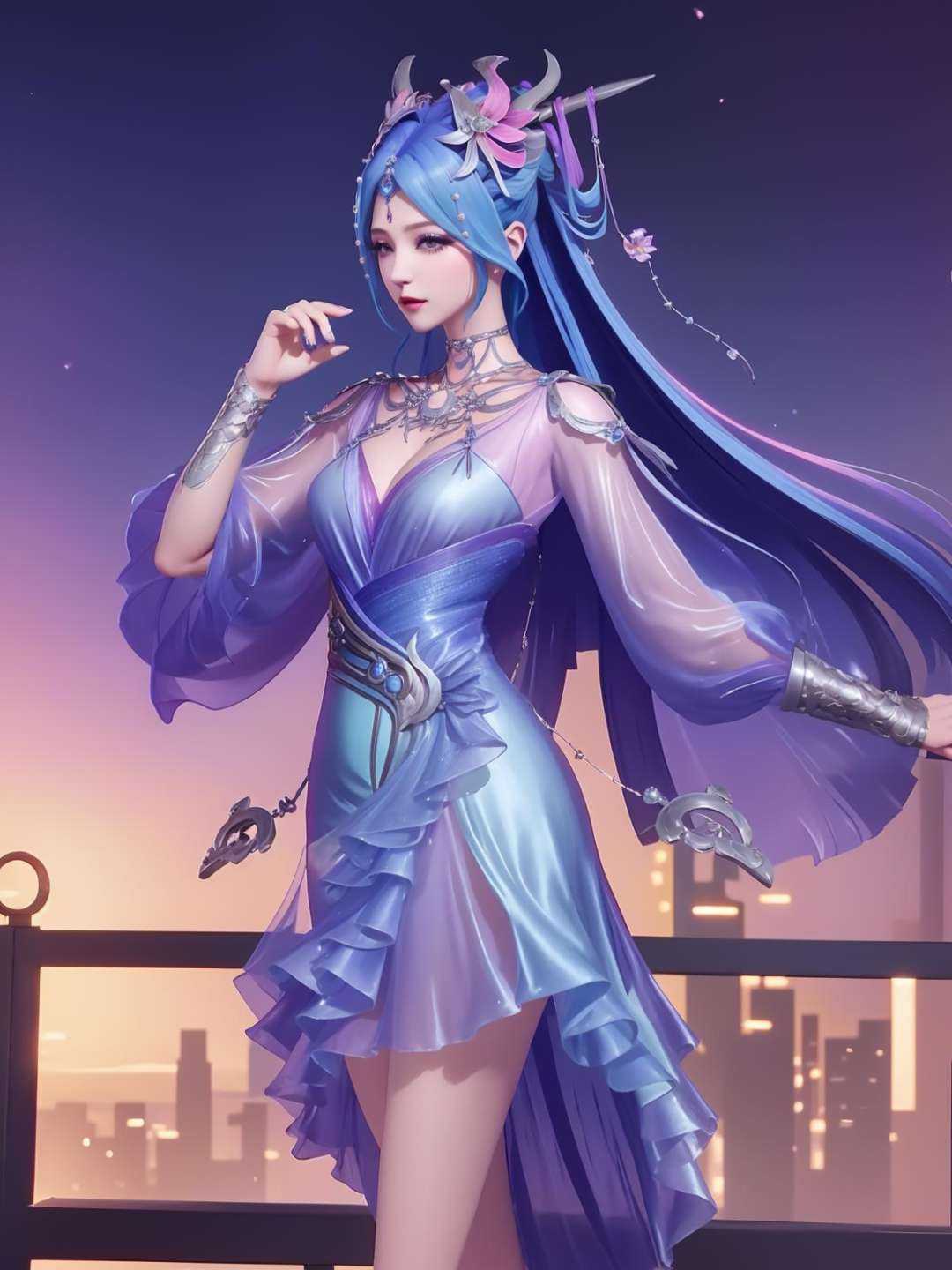 <lora:WZRYdiaochanHQG_20230808165104:0.75>,WZRYdiaochanHQG,1girl,mature female,looking at viewer,cityscape,night,hair ornament,dress,jewelry,long hair,see-through sleeves,metal trim,makeup,eyeshadow,cowboy shot, 