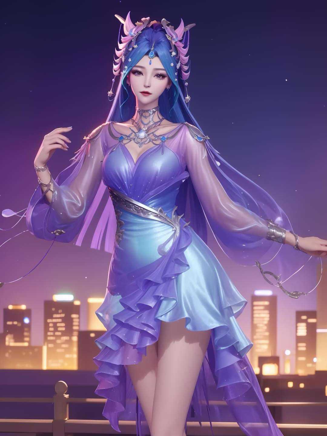 <lora:WZRYdiaochanHQG_20230808165104:0.75>,WZRYdiaochanHQG,1girl,mature female,looking at viewer,cityscape,night,hair ornament,dress,jewelry,long hair,see-through sleeves,metal trim,makeup,eyeshadow,cowboy shot, 