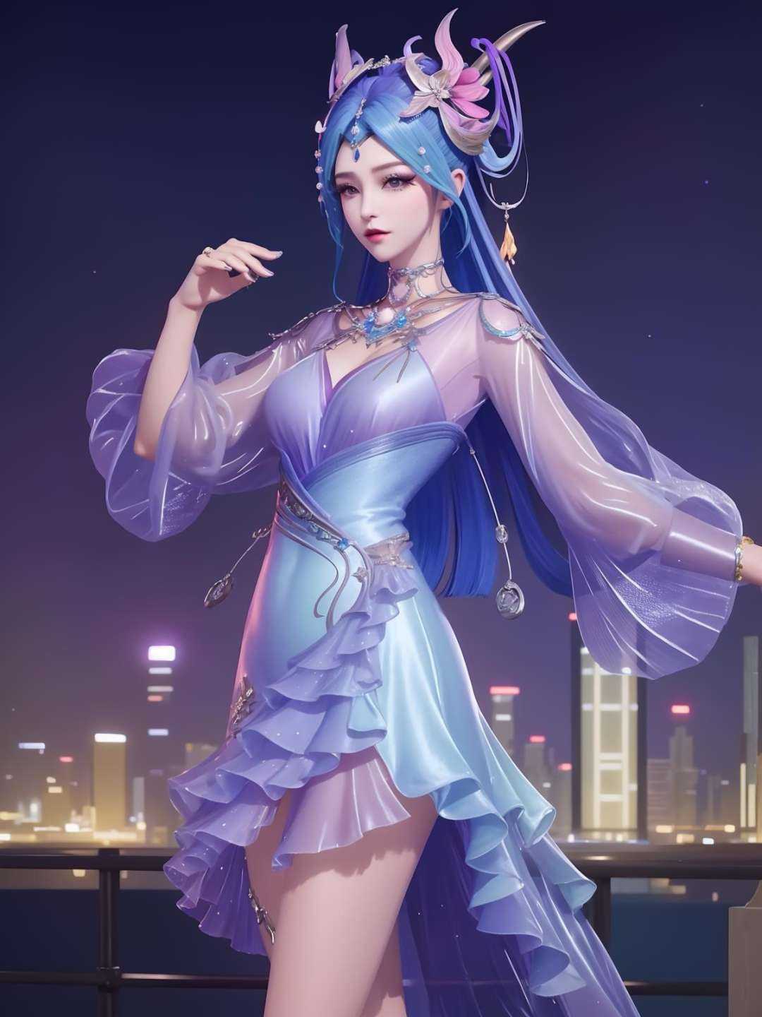 <lora:WZRYdiaochanHQG_20230808165104:0.75>,WZRYdiaochanHQG,1girl,mature female,looking at viewer,cityscape,night,hair ornament,dress,jewelry,long hair,see-through sleeves,metal trim,makeup,eyeshadow,cowboy shot, 