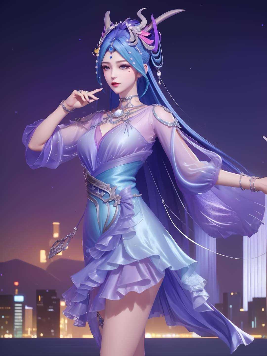 <lora:WZRYdiaochanHQG_20230808165104:0.75>,WZRYdiaochanHQG,1girl,mature female,looking at viewer,cityscape,night,hair ornament,dress,jewelry,long hair,see-through sleeves,metal trim,makeup,eyeshadow,cowboy shot, 
