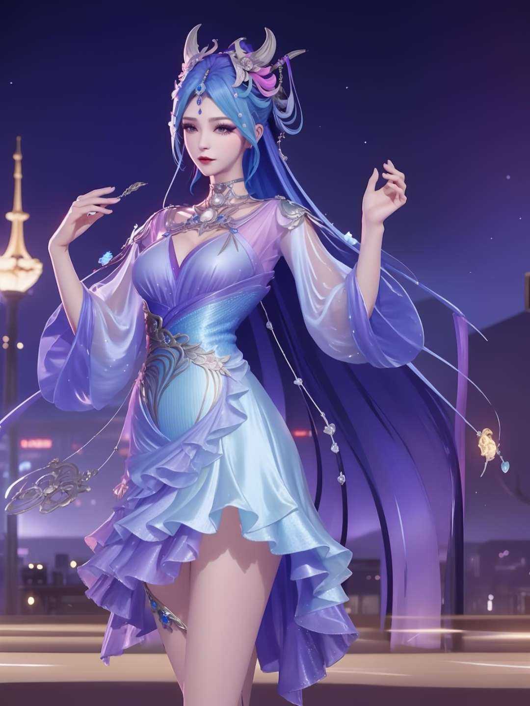 <lora:WZRYdiaochanHQG_20230808165104:0.75>,WZRYdiaochanHQG,1girl,mature female,looking at viewer,cityscape,night,hair ornament,dress,jewelry,long hair,see-through sleeves,metal trim,makeup,eyeshadow,cowboy shot, 