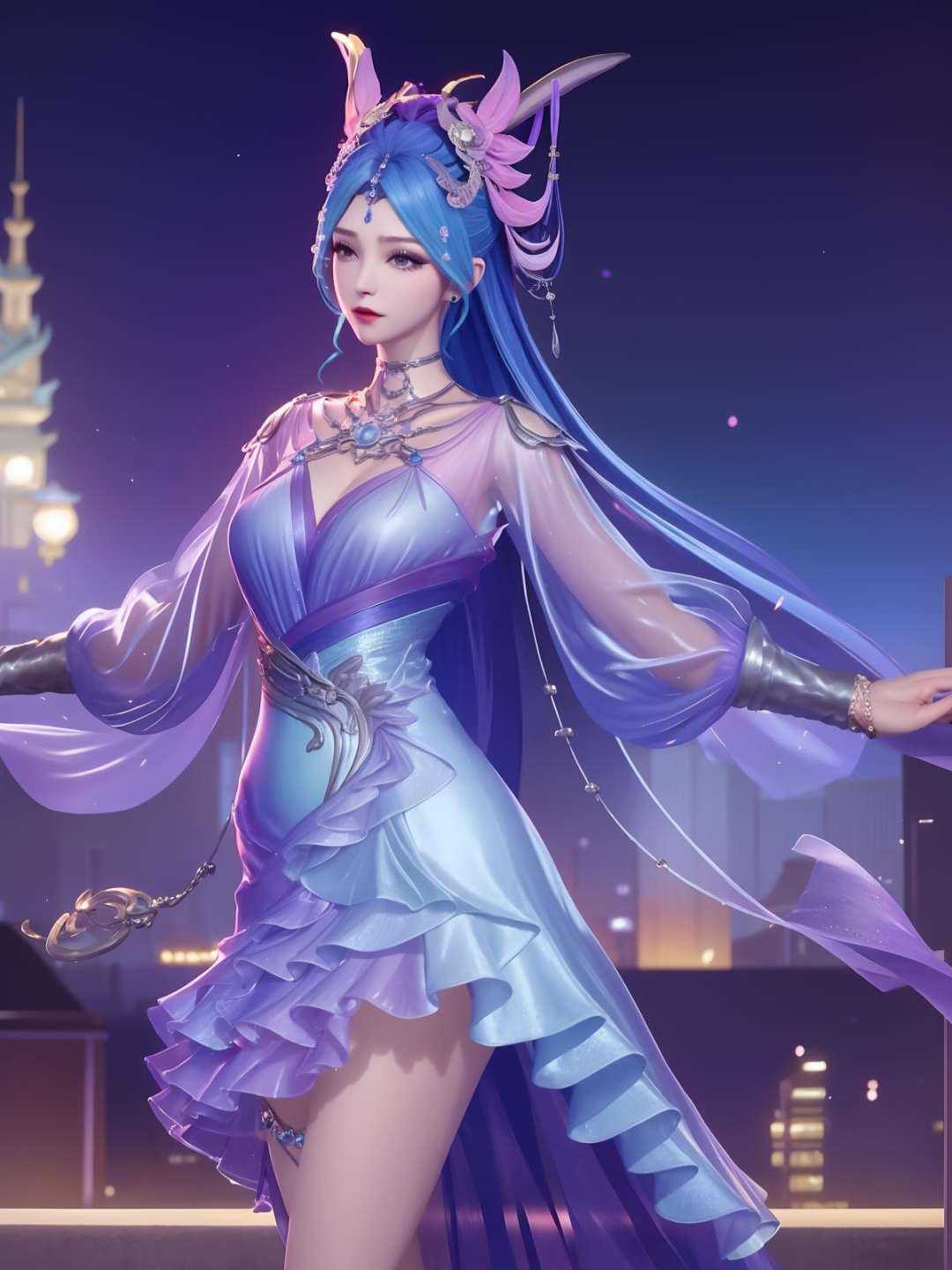 <lora:WZRYdiaochanHQG_20230808165104:0.75>,WZRYdiaochanHQG,1girl,mature female,looking at viewer,cityscape,night,hair ornament,dress,jewelry,long hair,see-through sleeves,metal trim,makeup,eyeshadow,cowboy shot, 