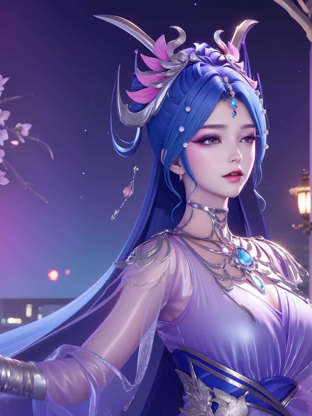<lora:WZRYdiaochanHQG_20230808165104:0.75>,WZRYdiaochanHQG,1girl,mature female,looking at viewer,cityscape,night,hair ornament,dress,jewelry,long hair,see-through sleeves,metal trim,makeup,eyeshadow, close-up, 