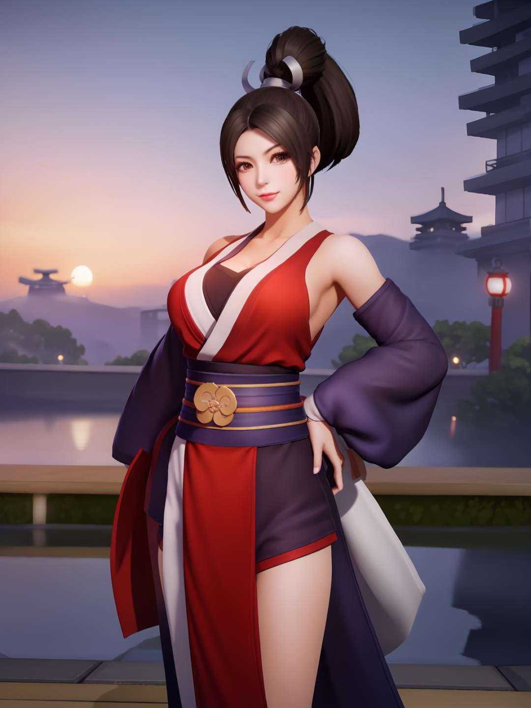WZRYbuzhihuowuYP,1girl, mature female, looking at viewer, cityscape, night, high ponytail, shiranui mai, japanese clothes, ninja, sash, muscular,  <lora:WZRYbuzhihuowuYP_20230808141959-000014:0.8>,