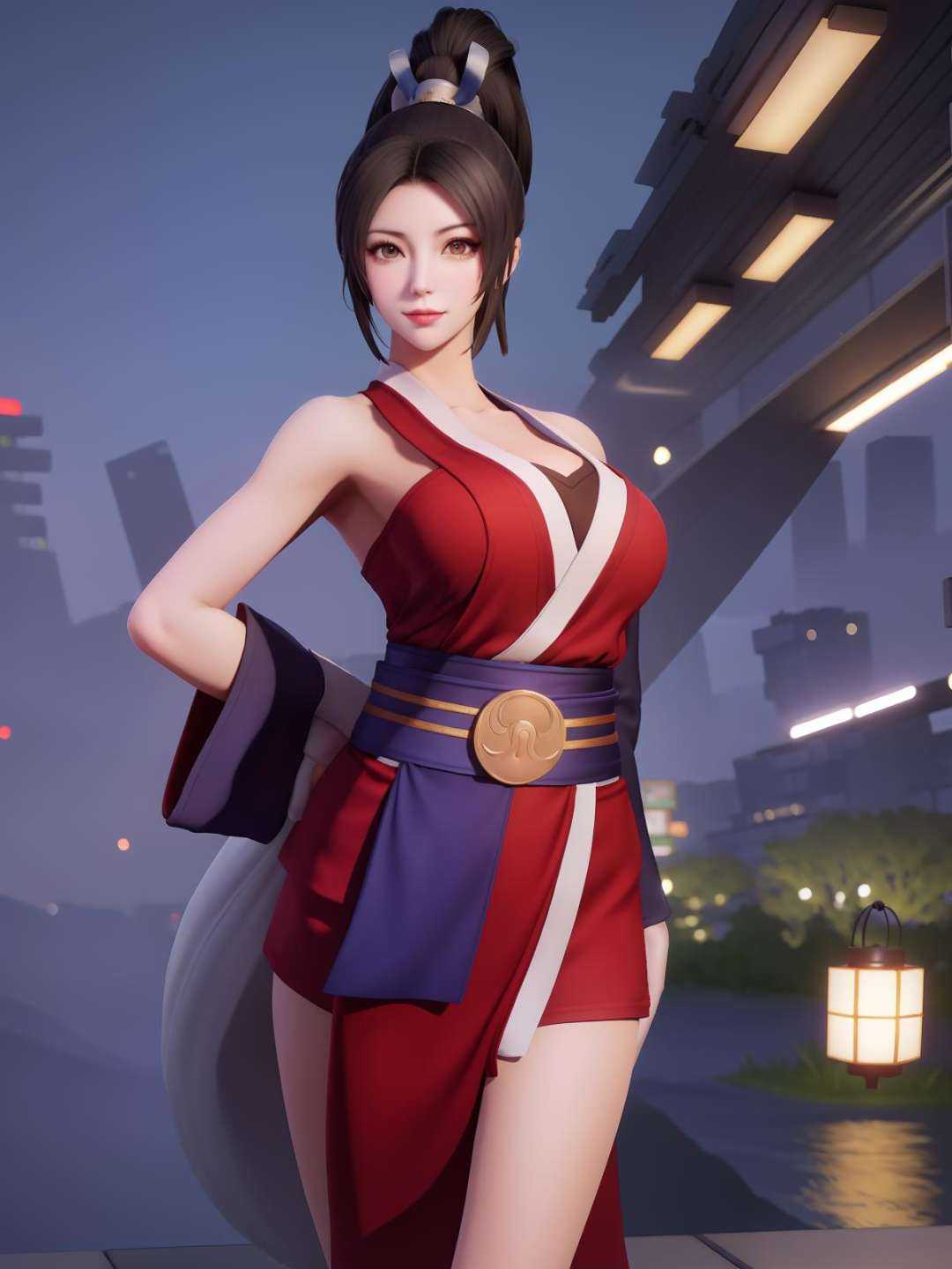 WZRYbuzhihuowuYP,1girl, mature female, looking at viewer, cityscape, night, high ponytail, shiranui mai, japanese clothes, ninja, sash, muscular,  <lora:WZRYbuzhihuowuYP_20230808141959-000014:0.75>