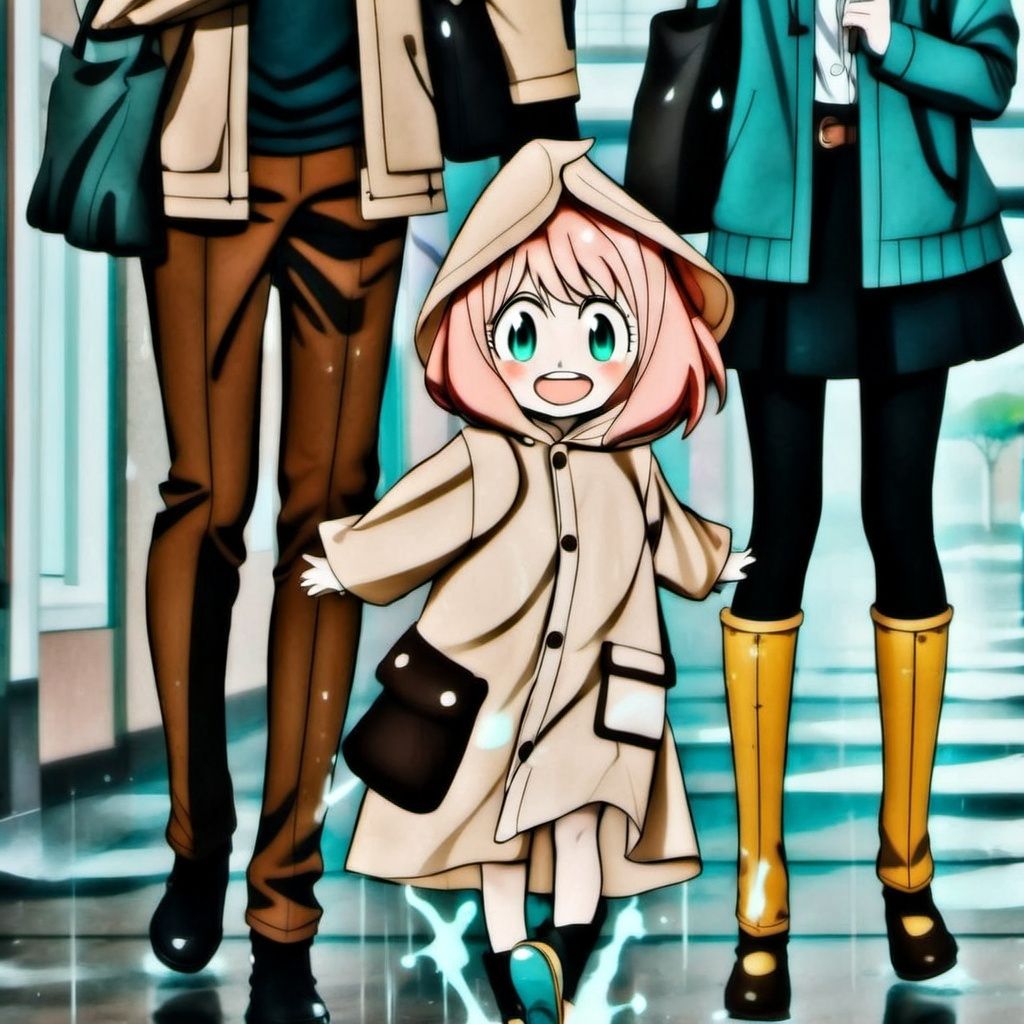 Anya Forger, anya (spy x family), female child, 1boy, pink hair, twilight (spy x family), child, head out of frame, umbrella, 2girls, multiple girls, family, smile, open mouth, bag, jacket, green eyes, holding, father and daughter, skirt, yor briar, hood, raincoat, boots, black hair, 1girl, black skirt, holding umbrella, short hair, belt, out of frame, dress, rain, coat, pants, shopping bag, pantyhose, brown pants, shirt, outdoors, blush, rubber boots, looking at viewer, holding bag, meme, mother and daughter, white shirt, full body, shoes, black footwear, upper teeth only, long sleeves, blue footwear, holding hands
