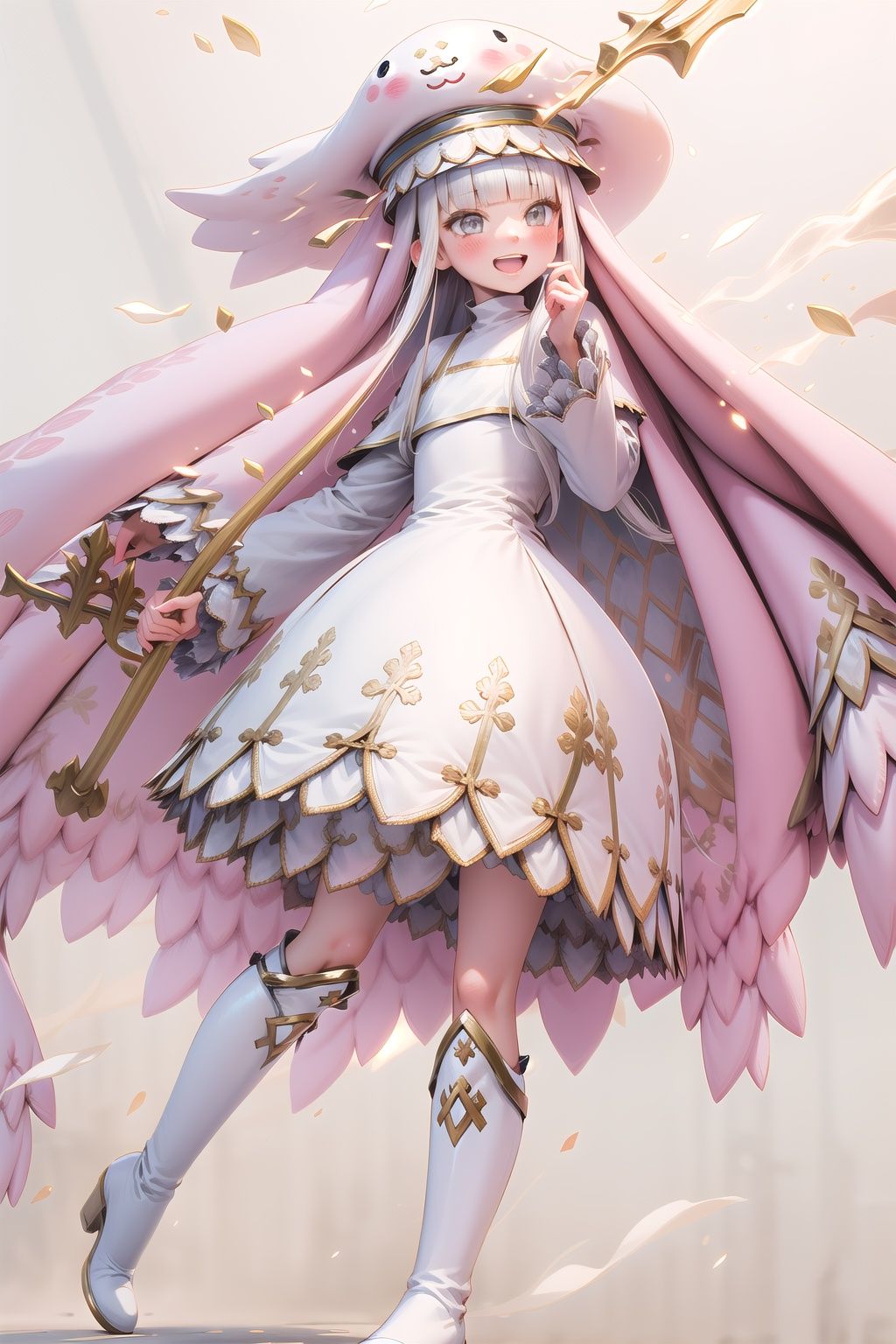 Sistermon Blanc, white hair, long hair, grey eyes, white footwear, blush, dress, open mouth, simple background, bangs, blunt bangs, knee boots, long sleeves, sidelocks, smile, white dress, hat, 