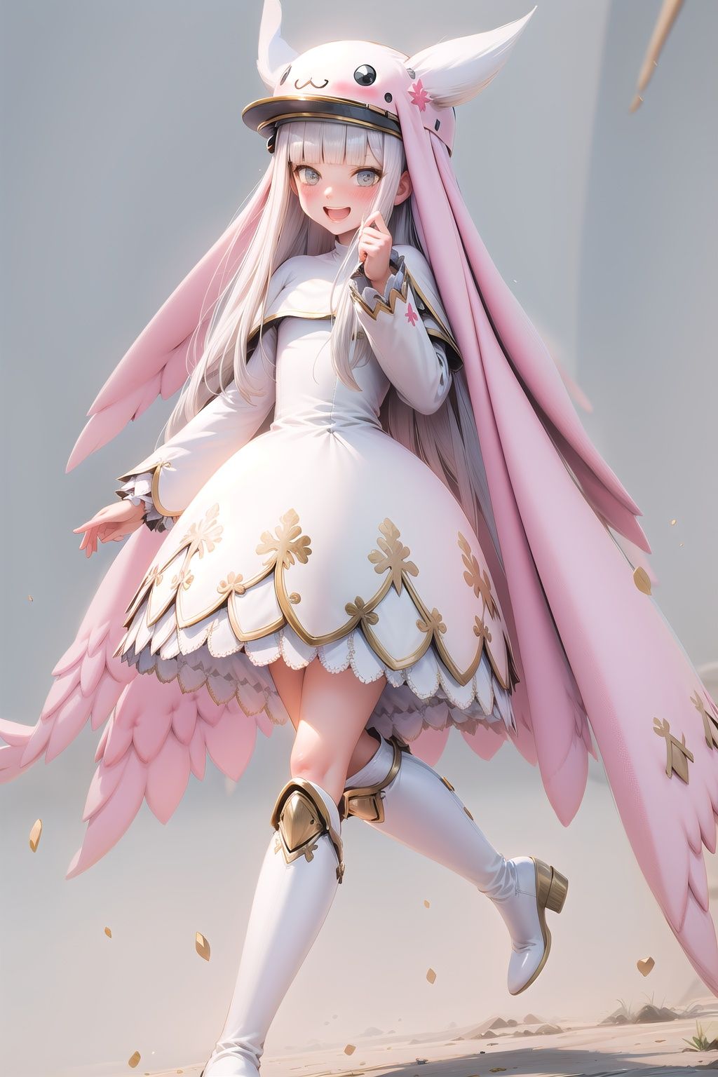 Sistermon Blanc, white hair, long hair, grey eyes, white footwear, blush, dress, open mouth, simple background, bangs, blunt bangs, knee boots, long sleeves, sidelocks, smile, white dress, hat, 