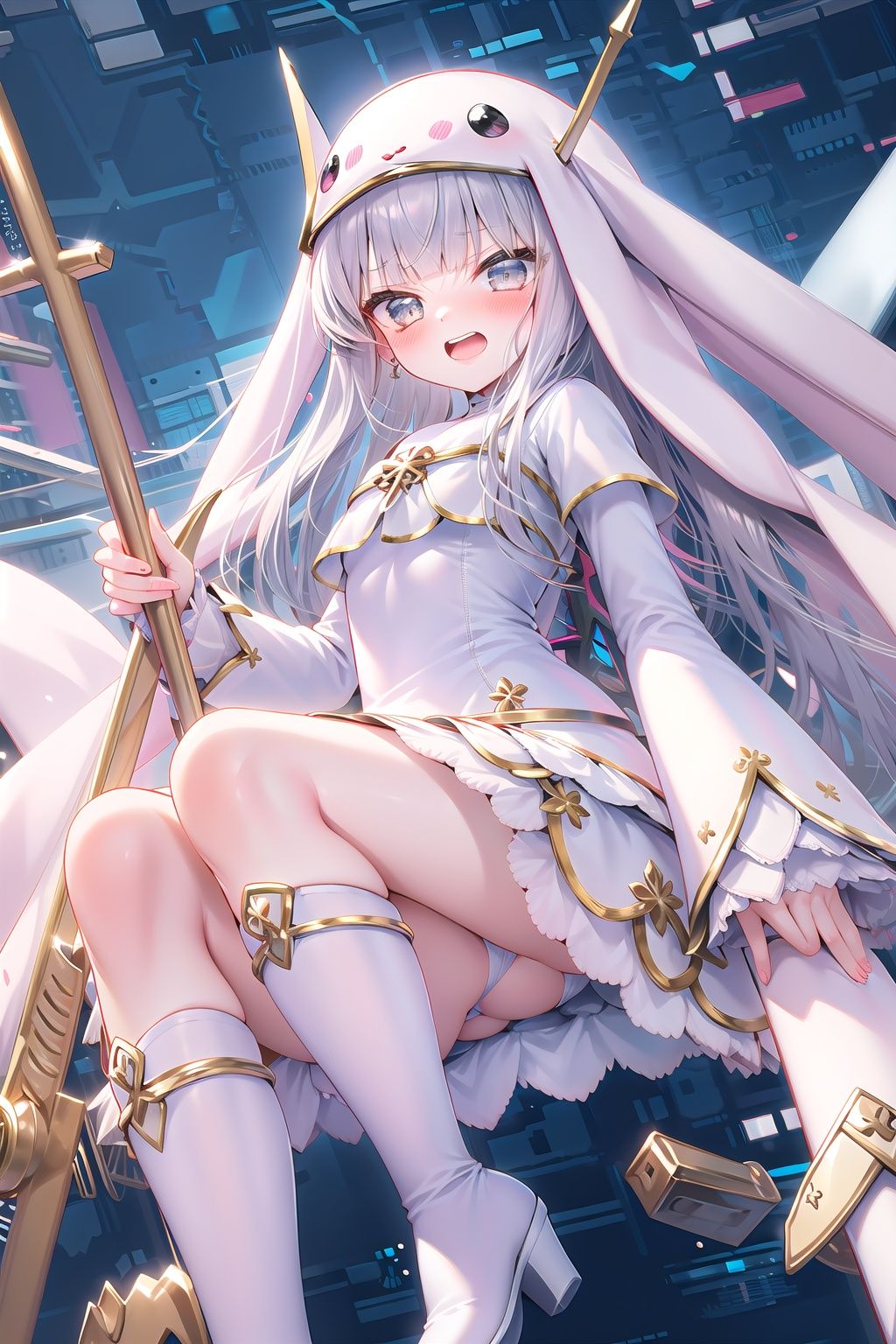 chibiki, slender, loli, 
Sistermon Blanc, 1girl, solo, white hair, long hair, grey eyes, white footwear, blush, dress, open mouth, simple background, bangs, blunt bangs, knee boots, long sleeves, sidelocks,