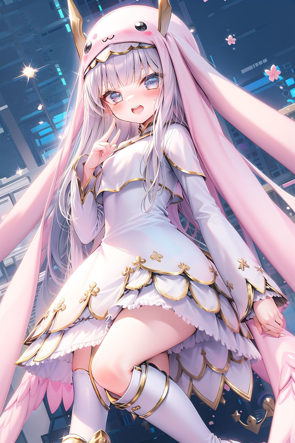 chibiki, slender, loli, 
Sistermon Blanc, 1girl, solo, white hair, long hair, grey eyes, white footwear, blush, dress, open mouth, simple background, bangs, blunt bangs, knee boots, long sleeves, sidelocks,