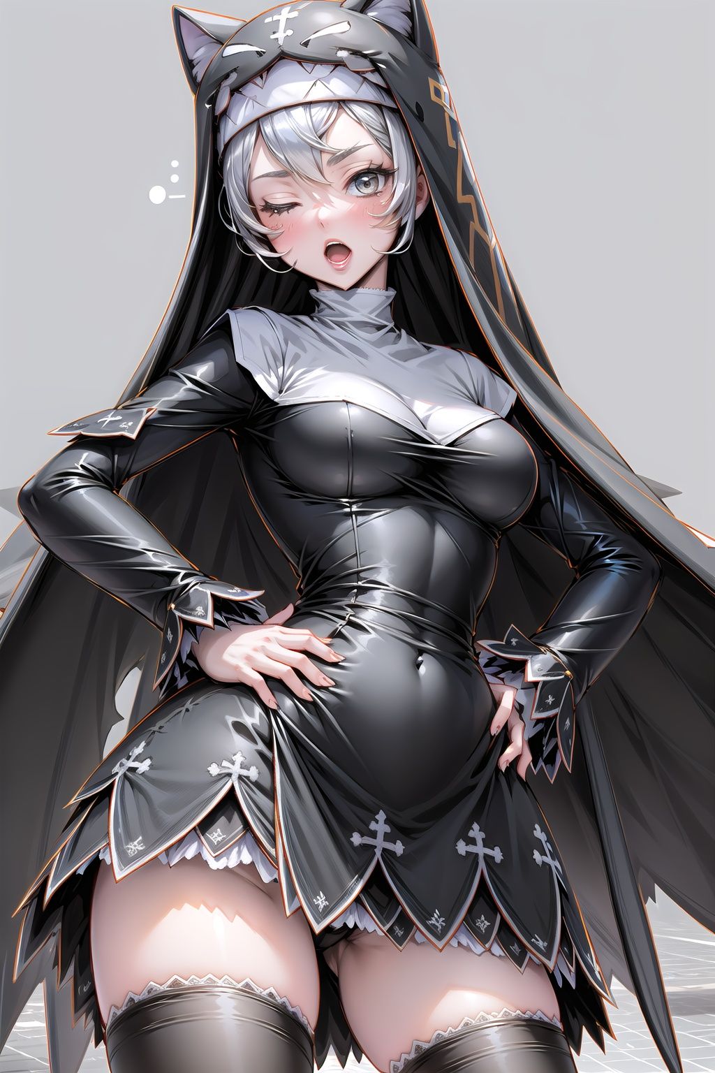 Sistermon Noir, 1girl, solo, thighhighs, nun, silver hair, one eye closed, habit, hands on hips, breasts, zettai ryouiki, open mouth, black thighhighs, grey eyes, simple background, 