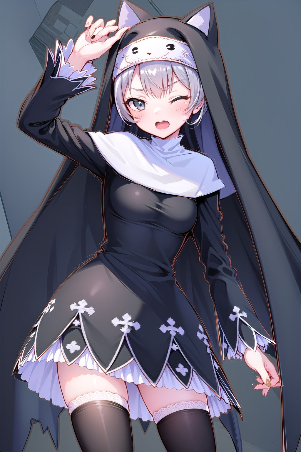 Sistermon Noir, 1girl, solo, thighhighs, nun, silver hair, one eye closed, habit, zettai ryouiki, open mouth, black thighhighs, grey eyes, simple background, 