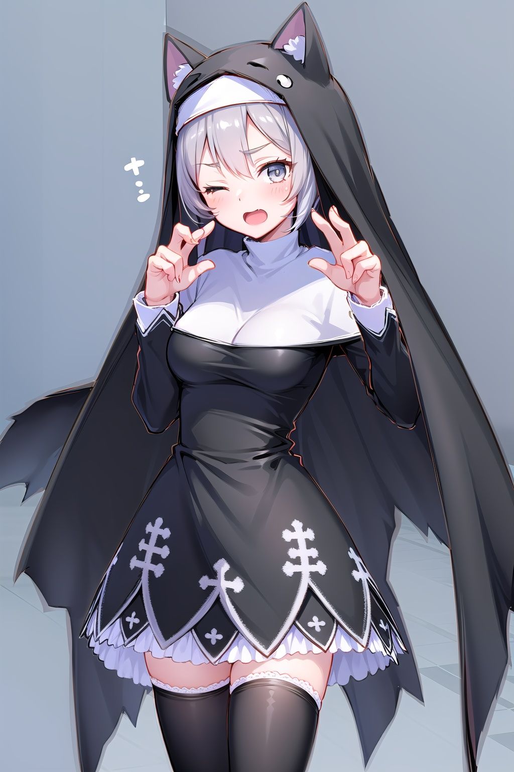 Sistermon Noir, 1girl, solo, thighhighs, nun, silver hair, one eye closed, habit, zettai ryouiki, open mouth, black thighhighs, grey eyes, simple background, 