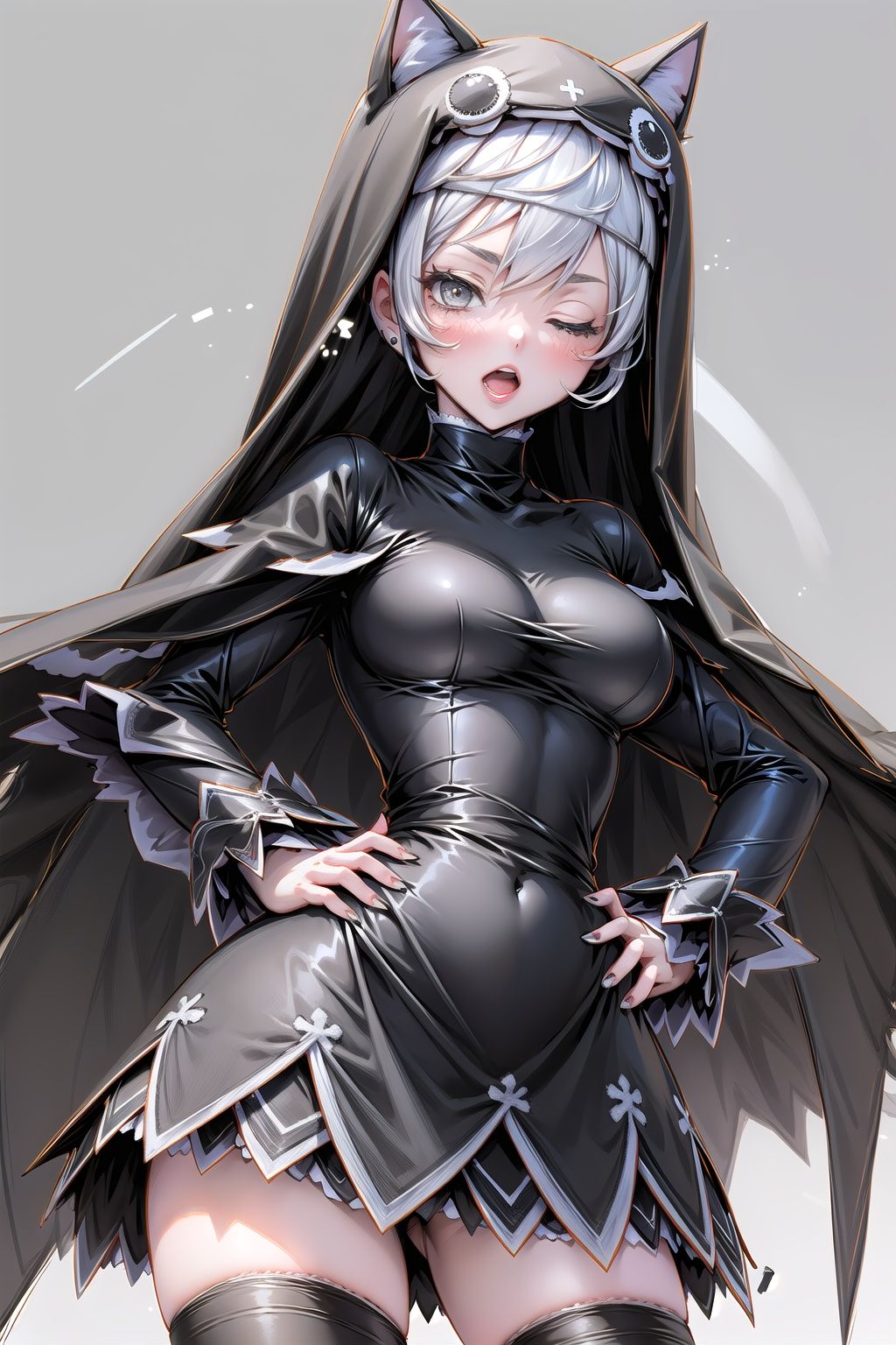 Sistermon Noir, 1girl, solo, thighhighs, nun, silver hair, one eye closed, habit, hands on hips, breasts, zettai ryouiki, open mouth, black thighhighs, grey eyes, simple background, 