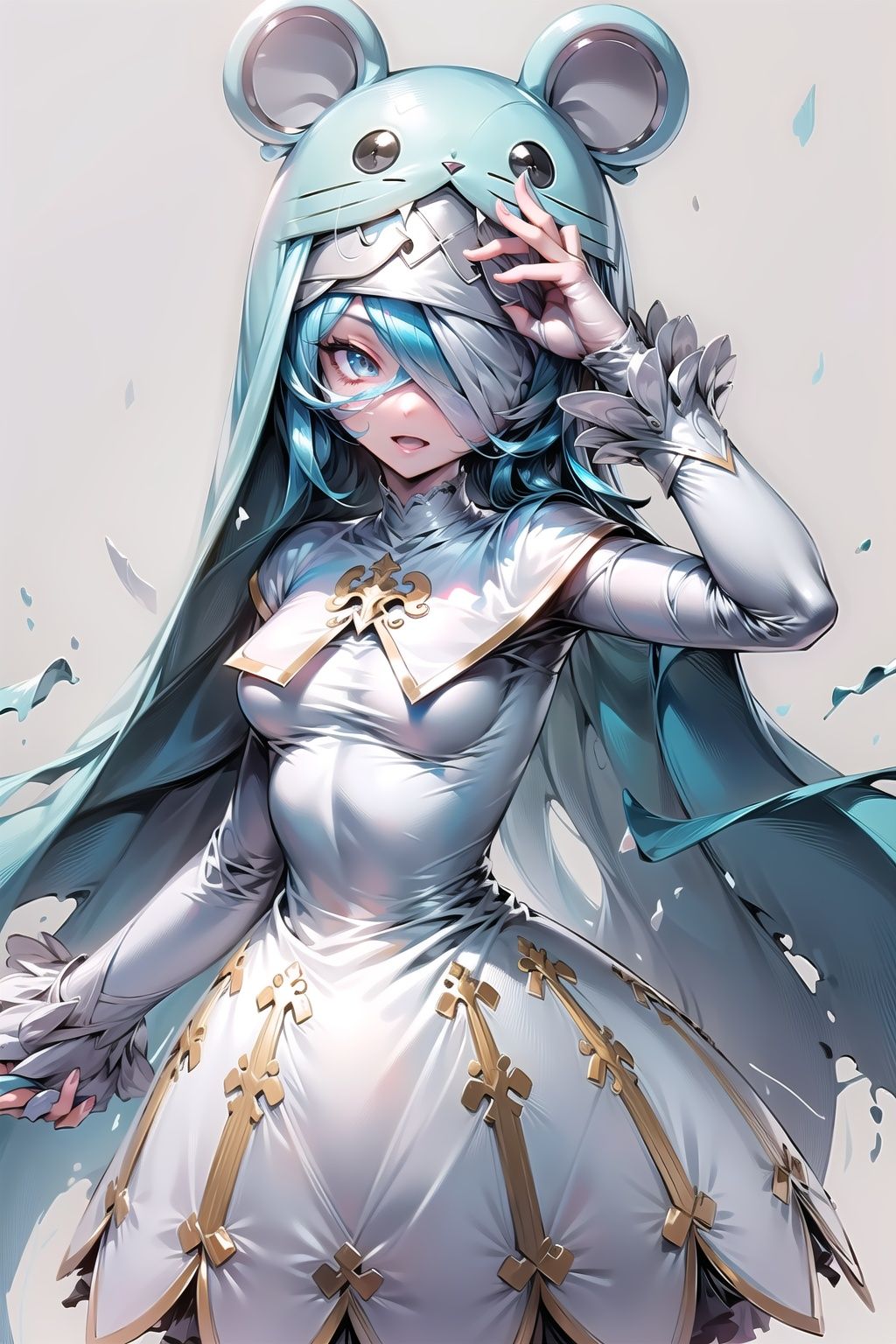 Sistermon Ciel, 1girl, solo, blue hair, long hair, dress, very long hair, loli, covered eyes, white dress, one eye covered, long sleeves, small breasts,