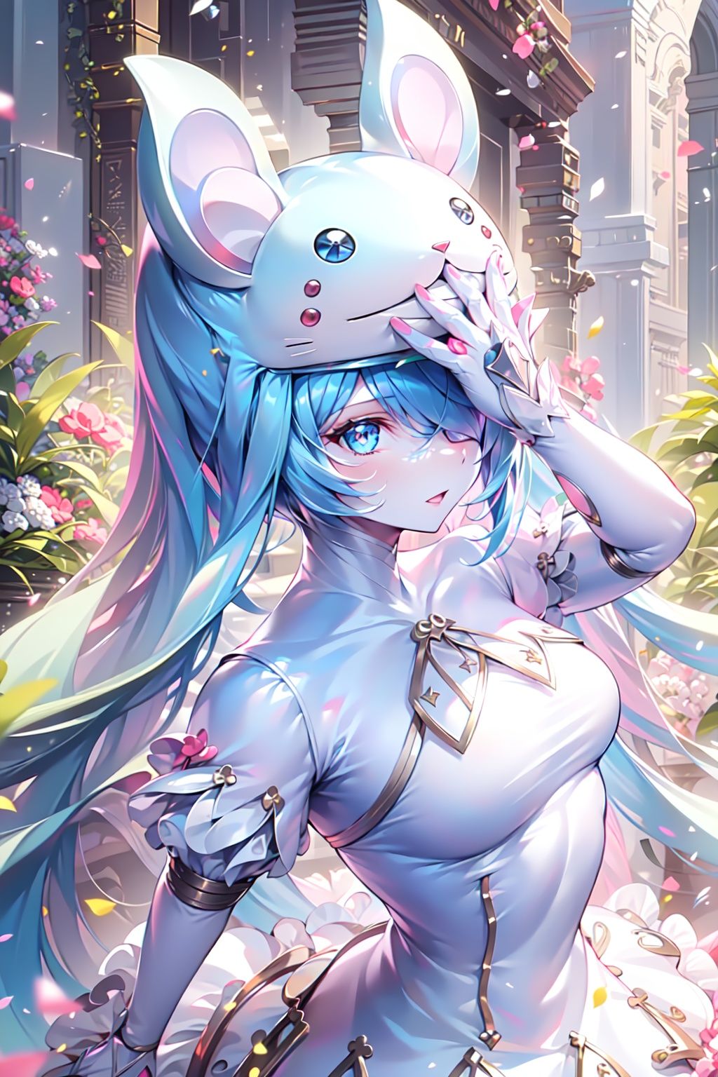 Sistermon Ciel, 1girl, solo, blue hair, long hair, dress, very long hair, loli, covered eyes, white dress, one eye covered, long sleeves, small breasts,