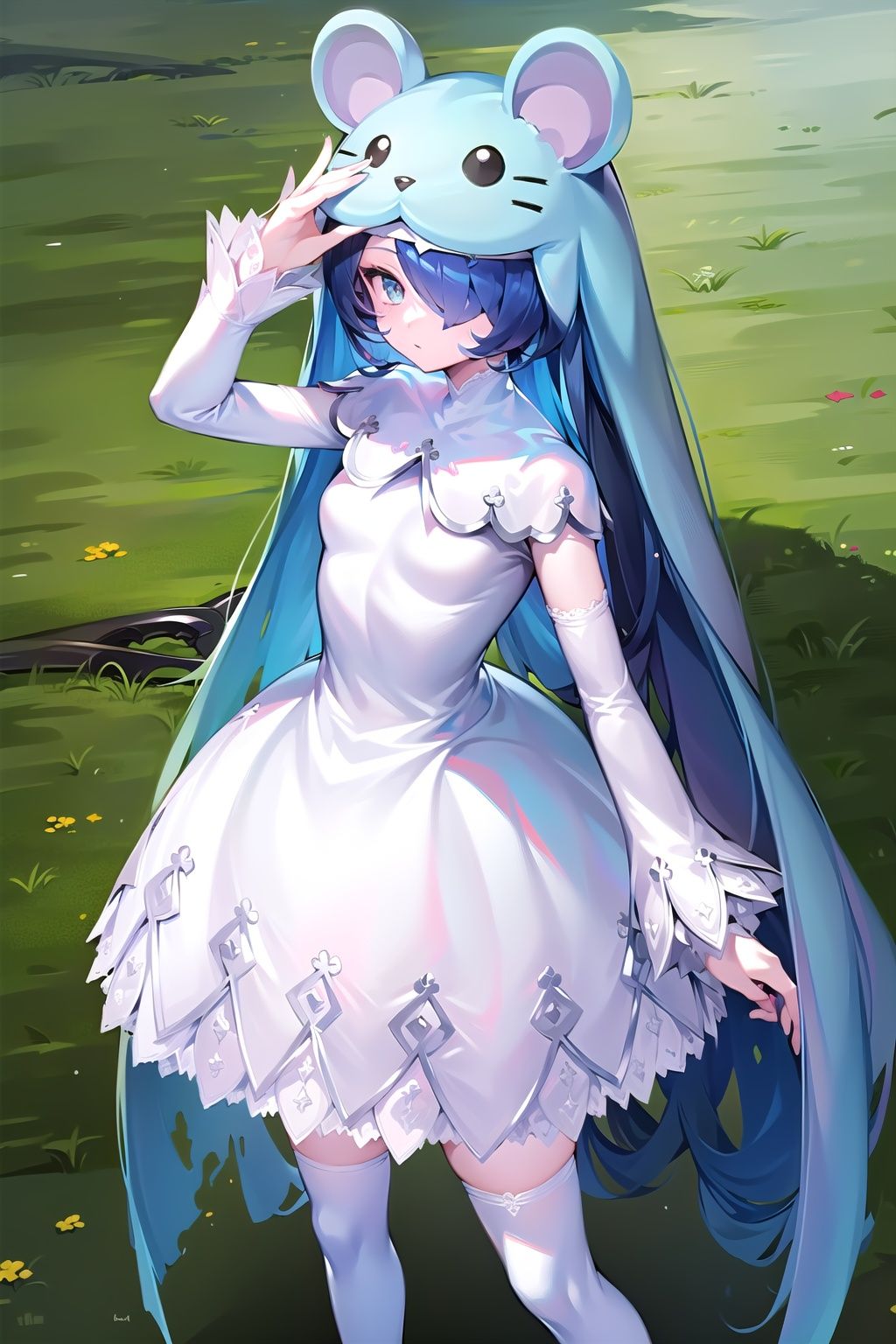 Sistermon Ciel, 1girl, solo, blue hair, long hair, dress, very long hair, loli, covered eyes, white dress, one eye covered, long sleeves, small breasts,