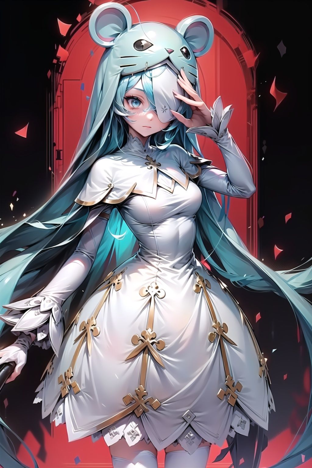 Sistermon Ciel, 1girl, solo, blue hair, long hair, dress, very long hair, loli, covered eyes, white dress, one eye covered, long sleeves, small breasts,