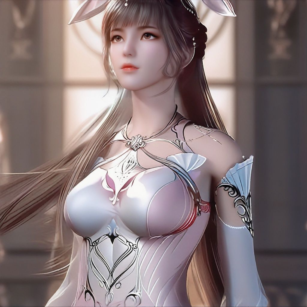 (8k, RAW photo,  masterpiece:1.2),solo,(super realistic, photo-realistic:1.3), ultra-detailed, extremely detailed cg 8k wallpaper,hatching (texture),skin gloss,light persona,(crystalstexture skin:1.2), (extremely delicate and beautiful),1girl,long_hair, solo, very_long_hair,,looking_at_viewer,(arms behind back:1.2),pov,from below,rabbit ears, animal ears,dress,pink dress,white dress,long dress,(full shot),xwhd, (breasts,large_breasts , cleavage:1.4), <lora:89xwxl-000016:0.86>
