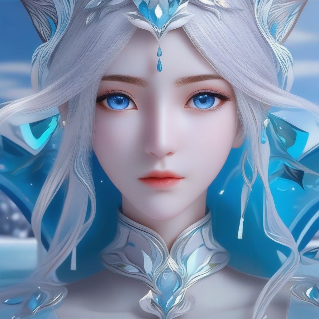 masterpiece, best quality,official art, extremelydetailed cg 8k wallpaper,(flying petals)(detailed ice) , crystalstexture skin, coldexpression, ((fox ears)),white hair, longhair, messy hair, blue eye,looking at viewer,extremely delicate andbeautiful, water, ((beautydetailed eye)), highlydetailed, cinematiclighting, ((beautiful face),fine water surface, (originalfigure painting), ultra-detailed, incrediblydetailed, (an extremelydelicate and beautiful),beautiful detailed eyes,(best quality)