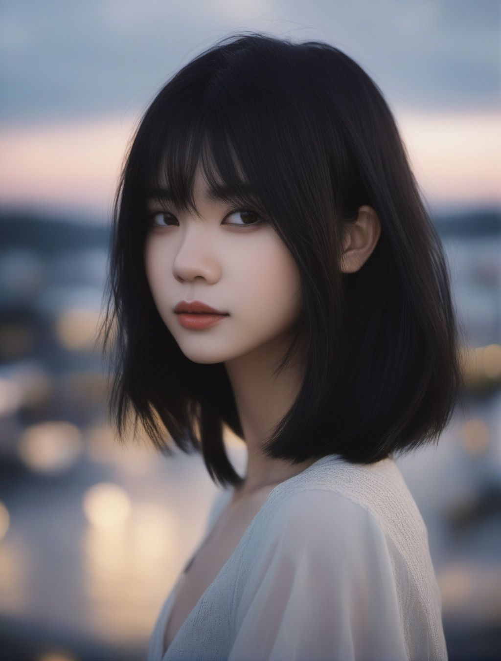1girl,black hair,floating hair,looking at viewers,((front)),upper body,soft light,dark style,{{masterpiece}},{{{best quality}}},{{ultra-detailed}},{{illustration}},{{disheveled hair}},depth of field (dof),Close-Up(CU),(by artist Aliza Razell:1.5),FUJI,real asian girls,real photos,<lora:FUJI_SDXL_V1.0:0.7>,