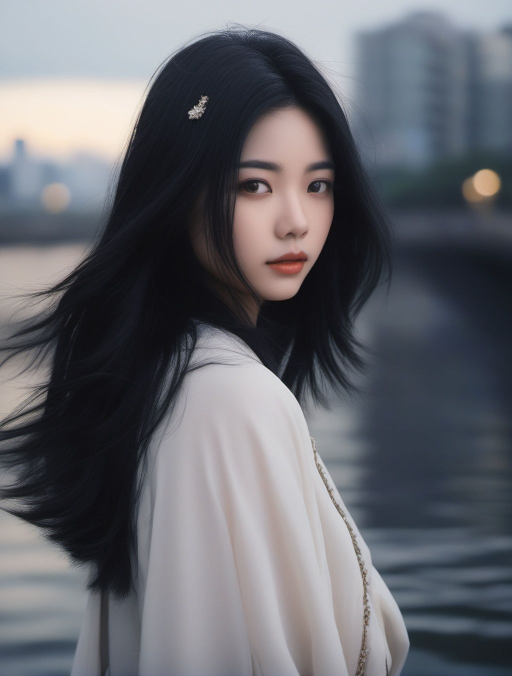 1girl,black hair,floating hair,looking at viewers,((front)),upper body,soft light,dark style,{{masterpiece}},{{{best quality}}},{{ultra-detailed}},{{illustration}},{{disheveled hair}},depth of field (dof),Close-Up(CU),(by artist Aliza Razell:1.5),FUJI,real asian girls,real photos,<lora:FUJI_SDXL_V1.0:0.7>,