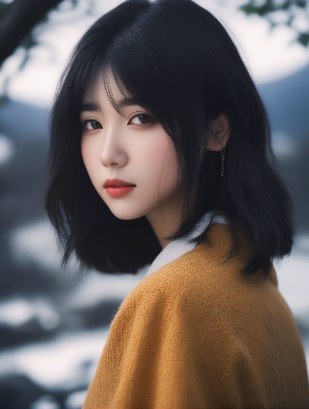 1girl,black hair,floating hair,looking at viewers,((front)),upper body,soft light,dark style,{{masterpiece}},{{{best quality}}},{{ultra-detailed}},{{illustration}},{{disheveled hair}},depth of field (dof),Close-Up(CU),(by artist Aliza Razell:1.5),FUJI,real asian girls,real photos,<lora:FUJI_SDXL_V1.0:0.7>,