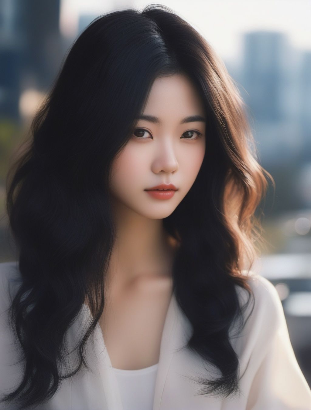 1girl,black hair,floating hair,looking at viewers,((front)),upper body,soft light,dark style,{{masterpiece}},{{{best quality}}},{{ultra-detailed}},{{illustration}},{{disheveled hair}},depth of field (dof),Close-Up(CU),(by artist Aliza Razell:1.5),FUJI,real asian girls,real photos,<lora:FUJI_SDXL_V1.0:0.7>,